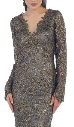 Formal Gowns May Queen - RQ7477 Long Sleeves Scallop Embellished Lace Evening Gown