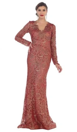 Formal Gowns May Queen - RQ7477 Long Sleeves Scallop Embellished Lace Evening Gown