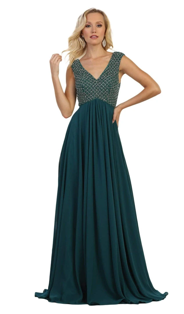 May Queen - RQ7512 Embellished V-neck A-line Dress With Train Formal Gowns 3 May Queen - RQ7512 Embellished V-neck A-line Dress With Train Formal Gowns