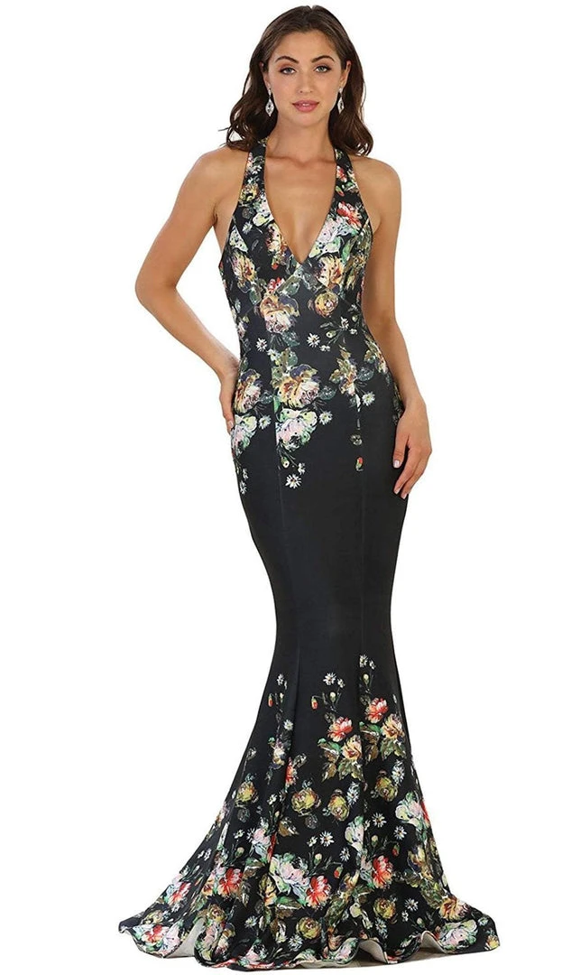 Formal Gowns May Queen - RQ7529 Deep V-Neck Floral Print Mermaid Evening Gown 3 Formal Gowns May Queen - RQ7529 Deep V-Neck Floral Print Mermaid Evening Gown