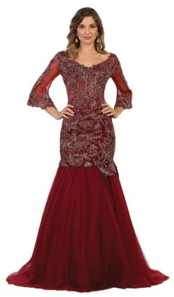May Queen - RQ7542 Embroidered V-Neck Trumpet Evening Gown