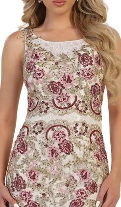 Formal Gowns May Queen - RQ7545 Multi-Colored Floral Lace Bateau Sheath Evening Gown