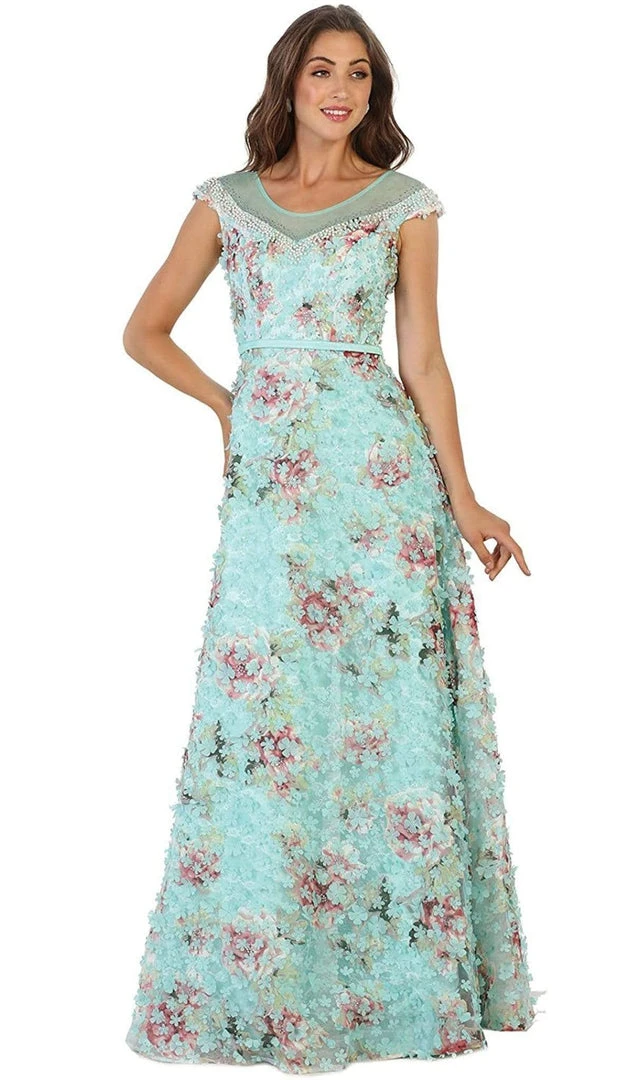 May Queen - RQ7554 Cap Sleeve Floral Embellished A-line Evening Gown 9 May Queen - RQ7554 Cap Sleeve Floral Embellished A-line Evening Gown