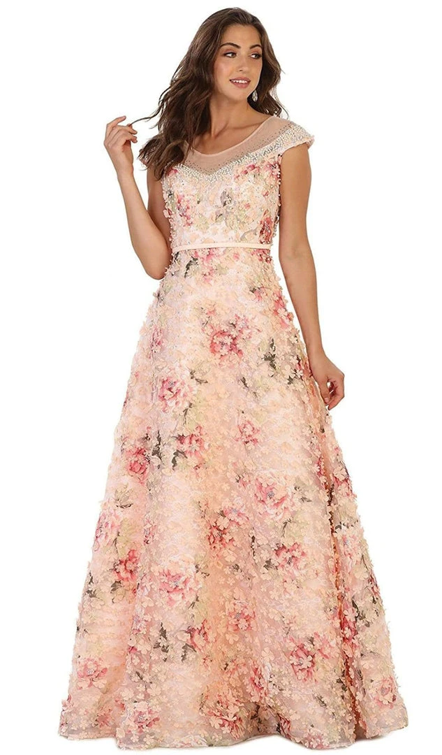 May Queen - RQ7554 Cap Sleeve Floral Embellished A-line Evening Gown 3 May Queen - RQ7554 Cap Sleeve Floral Embellished A-line Evening Gown