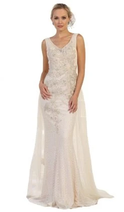 Formal Gowns May Queen - RQ7563 Embroidered V Neck Gown With Overskirt