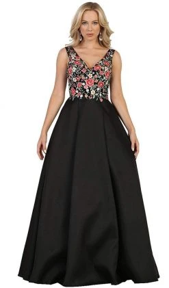 Formal Gowns May Queen - RQ7565 Floral Embroided V-neck Prom Ballgown