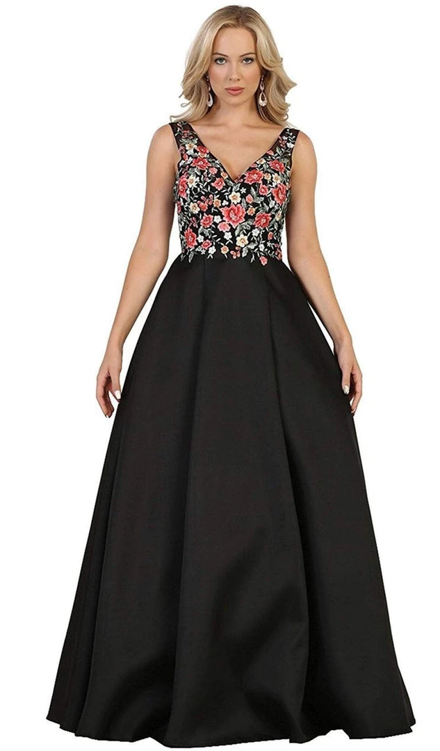 Formal Gowns May Queen - RQ7565 Floral Embroided V-neck Prom Ballgown 3 Formal Gowns May Queen - RQ7565 Floral Embroided V-neck Prom Ballgown