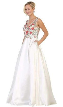 Formal Gowns May Queen - RQ7565 Floral Embroided V-neck Prom Ballgown 12 Formal Gowns May Queen - RQ7565 Floral Embroided V-neck Prom Ballgown