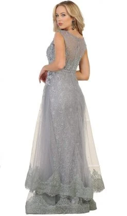 May Queen - RQ7568 Beaded Lace Illusion Bateau Sheath Mother Of The Bride Dress