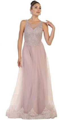 Formal Gowns May Queen - RQ7569 Embellished Illusion Scoop Lace A-line Mother Of The Bride Dress
