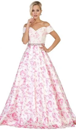 May Queen - RQ7574 Off-Shoulder Floral Print A-line Prom Gown