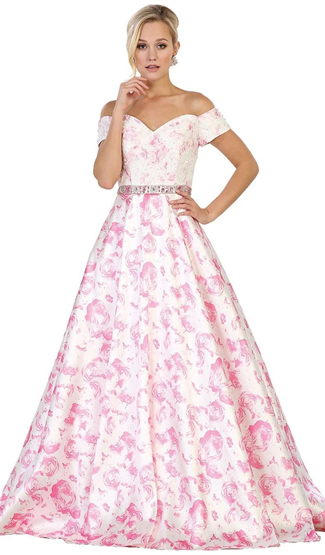 May Queen - RQ7574 Off-Shoulder Floral Print A-line Prom Gown 3 May Queen - RQ7574 Off-Shoulder Floral Print A-line Prom Gown