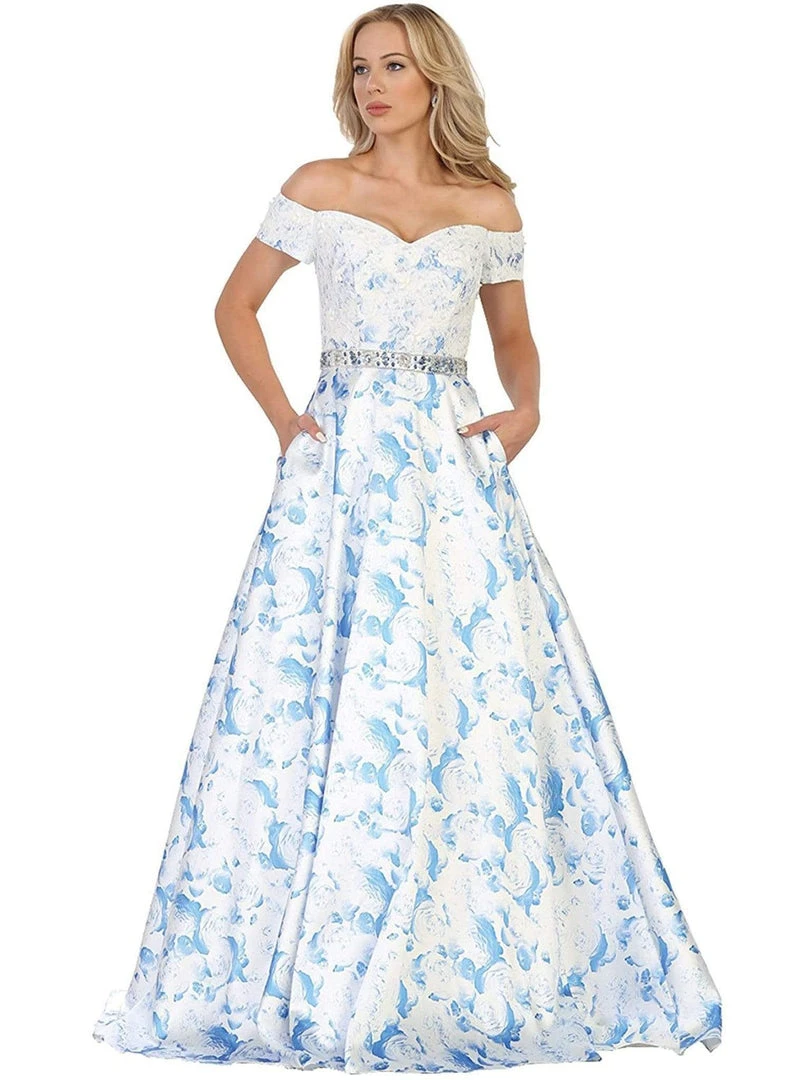 May Queen - RQ7574 Off-Shoulder Floral Print A-line Prom Gown 7 May Queen - RQ7574 Off-Shoulder Floral Print A-line Prom Gown
