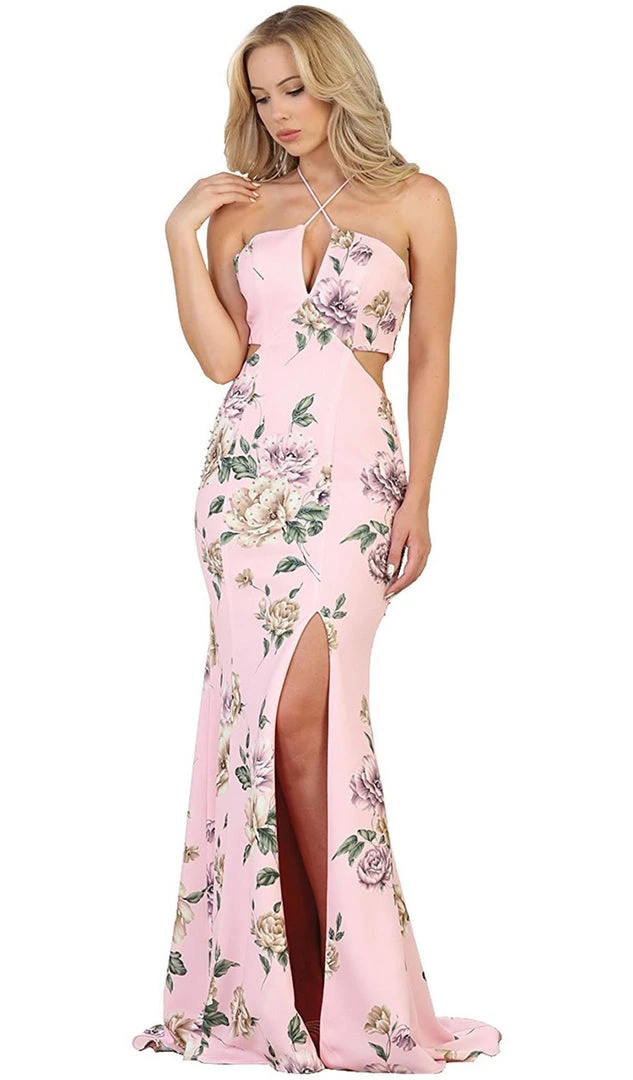 May Queen - RQ7580 Haltered Floral Print Sheath Evening Gown With Side Slit Formal Gowns 3 May Queen - RQ7580 Haltered Floral Print Sheath Evening Gown With Side Slit Formal Gowns