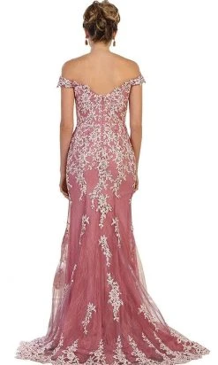 May Queen - RQ7593 Off-Shoulder Bead Embellished Sheath Prom Gown Formal Gowns