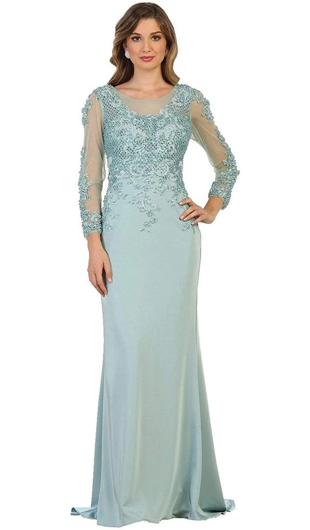 May Queen - RQ7594 Embellished Long Sleeve Illusion Scoop Sheath Mother Of The Bride Gown 3 May Queen - RQ7594 Embellished Long Sleeve Illusion Scoop Sheath Mother Of The Bride Gown