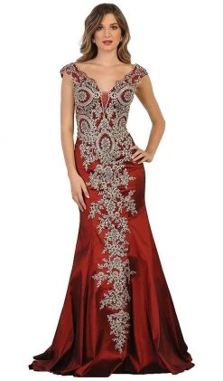 Formal Gowns May Queen - RQ7602 Embellished Wide V-neck Sheath Mother Of The Bride Gown