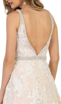 May Queen - RQ7609 Embellished Lace Deep V-neck A-line Dress