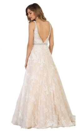 May Queen - RQ7609 Embellished Lace Deep V-neck A-line Dress