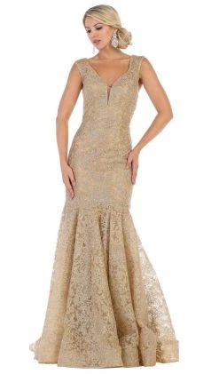 May Queen - RQ7635 Embellished Plunging V-neck Mermaid Dress