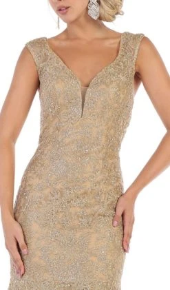 May Queen - RQ7635 Embellished Plunging V-neck Mermaid Dress