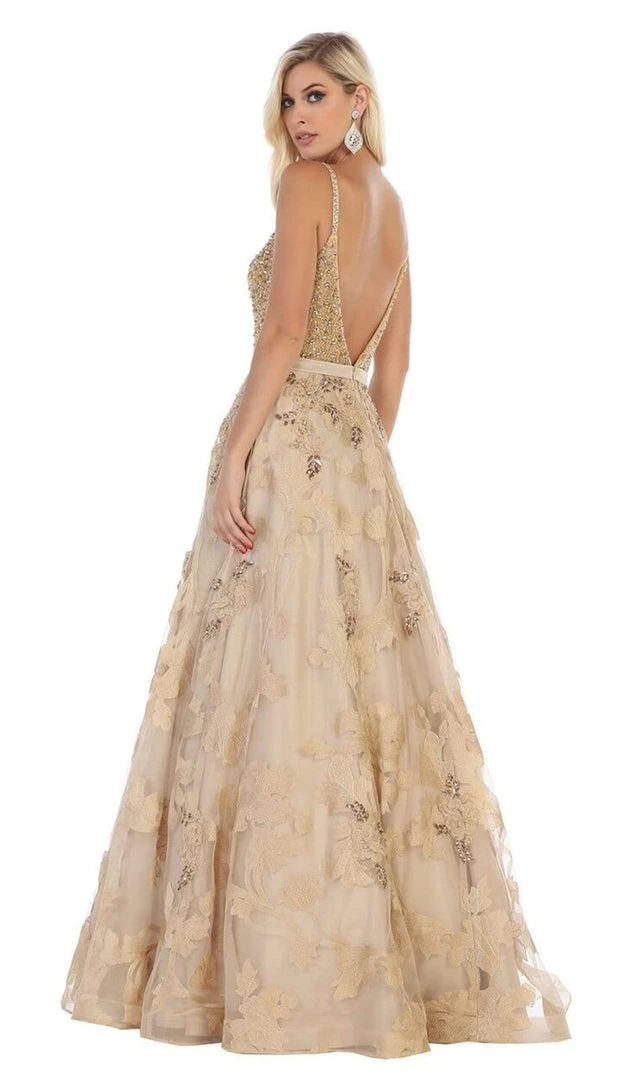 Formal Gowns May Queen - RQ7636 Embellished Plunging V-neck A-line Dress 10 Formal Gowns May Queen - RQ7636 Embellished Plunging V-neck A-line Dress