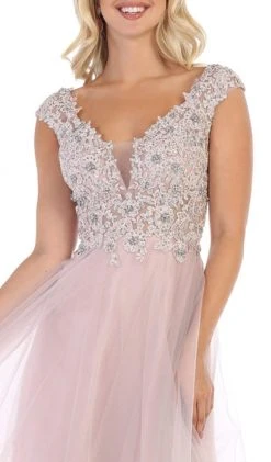 Formal Gowns May Queen - RQ7645 Floral Applique Ornate Cap Sleeve Gown