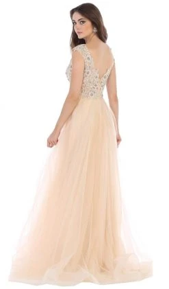 Formal Gowns May Queen - RQ7645 Floral Applique Ornate Cap Sleeve Gown