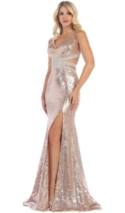 May Queen - RQ7648 Cutout Ornate Sequined High Slit Gown Formal Gowns