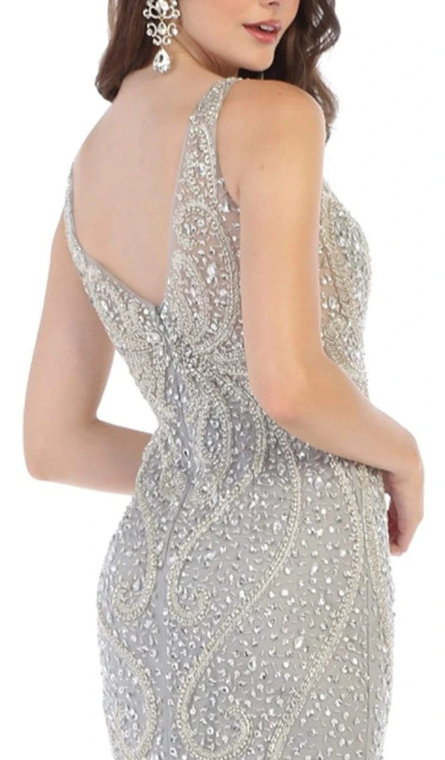 May Queen - RQ7650 Crystal Beaded V-neck Sheath Dress 6 May Queen - RQ7650 Crystal Beaded V-neck Sheath Dress