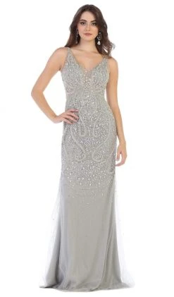 May Queen - RQ7650 Crystal Beaded V-neck Sheath Dress