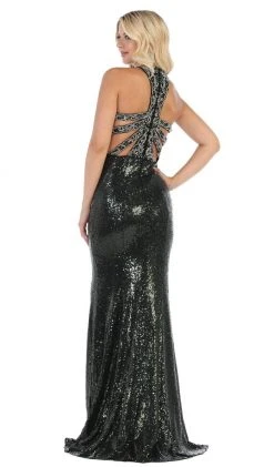 Formal Gowns May Queen - RQ7656 Crystal Trimmed Sequined High Slit Gown