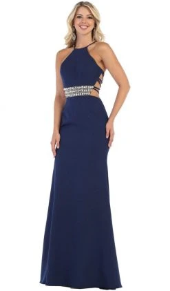 May Queen - RQ7660 Strappy Bejeweled Waist Halter Gown Formal Gowns