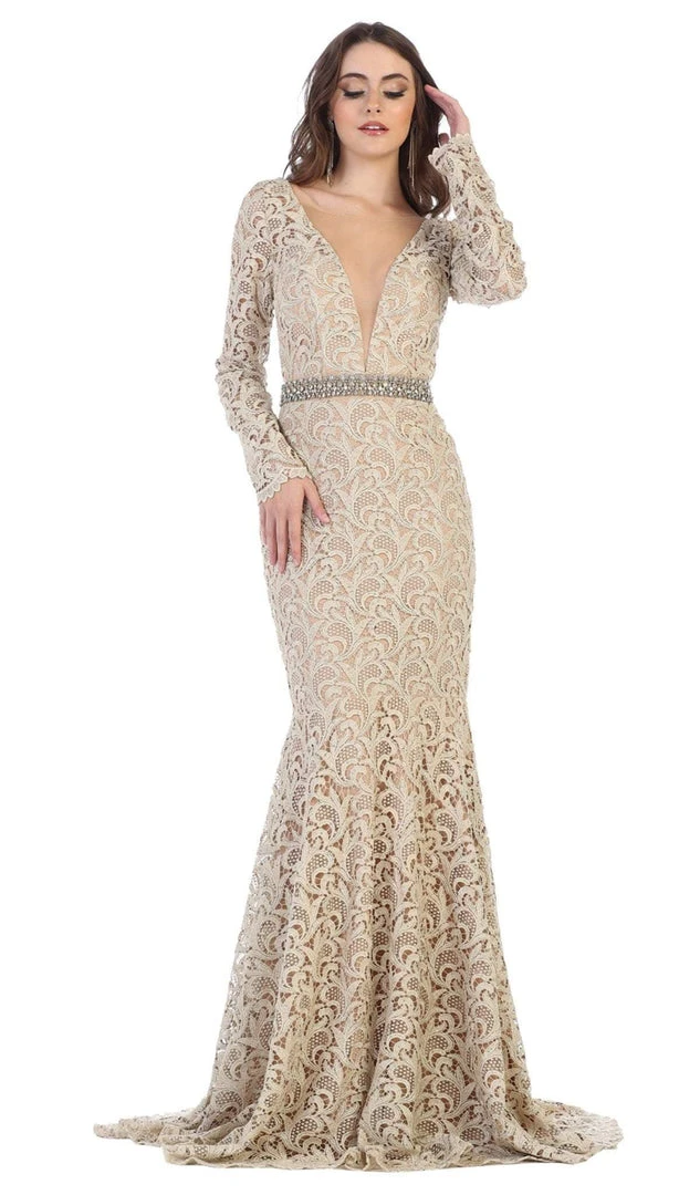 May Queen - RQ7671 Lace Long Sleeve Trumpet Dress With Train Formal Gowns 3 May Queen - RQ7671 Lace Long Sleeve Trumpet Dress With Train Formal Gowns