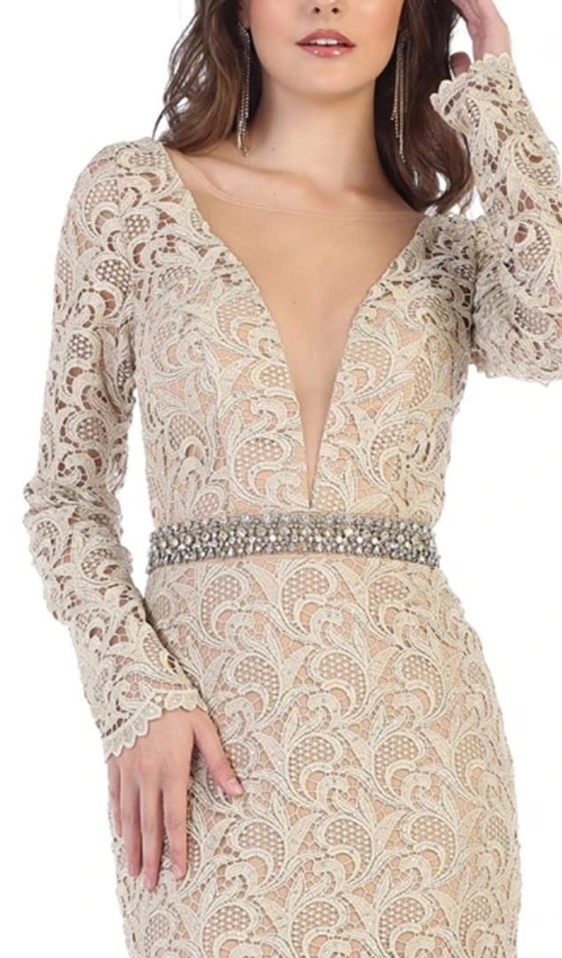 May Queen - RQ7671 Lace Long Sleeve Trumpet Dress With Train Formal Gowns 4 May Queen - RQ7671 Lace Long Sleeve Trumpet Dress With Train Formal Gowns