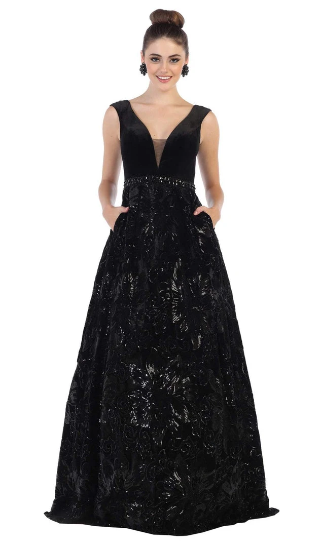 Formal Gowns May Queen - RQ7674 Embellished Plunging V-neck Ballgown 3 Formal Gowns May Queen - RQ7674 Embellished Plunging V-neck Ballgown