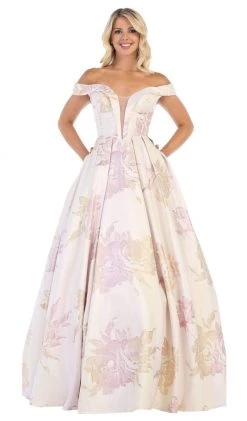 Formal Gowns May Queen - RQ7675 Floral Patterned Deep Off-Shoulder Pleated Ballgown