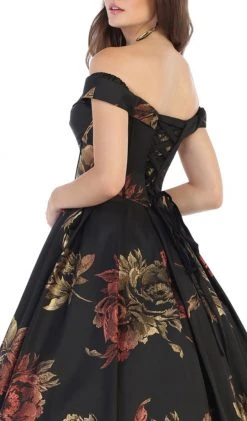Formal Gowns May Queen - RQ7675 Floral Patterned Deep Off-Shoulder Pleated Ballgown