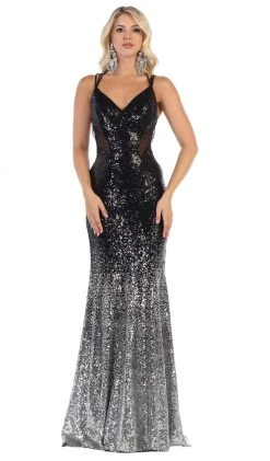 May Queen - RQ7677 Ombre Embellished V-neck Trumpet Dress Formal Gowns