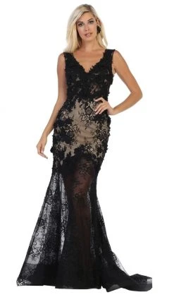 May Queen - RQ7687 Lace Applique V-neck Trumpet Dress Formal Gowns