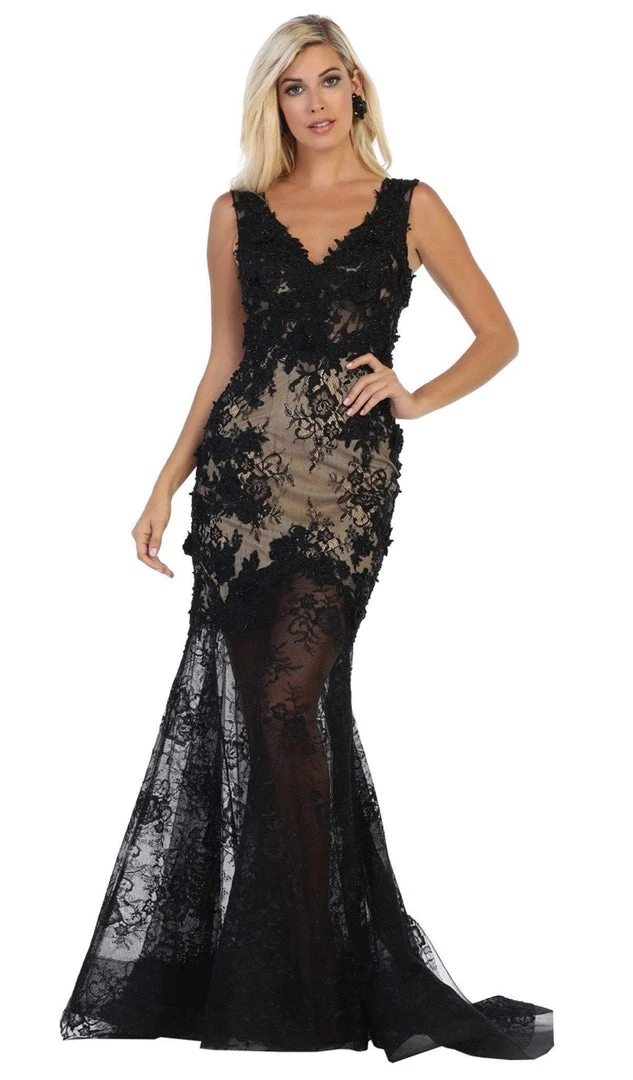 May Queen - RQ7687 Lace Applique V-neck Trumpet Dress Formal Gowns 3 May Queen - RQ7687 Lace Applique V-neck Trumpet Dress Formal Gowns