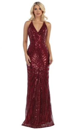 Formal Gowns May Queen - RQ7695 Embellished Plunging V-neck Sheath Dress