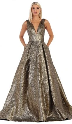 May Queen - RQ7701 Deep V-neck Pleated Ballgown With Train Formal Gowns