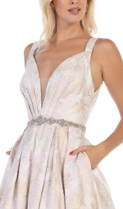 May Queen - RQ7715 Pleated V-Neck A-Line Evening Gown