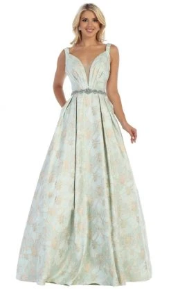 May Queen - RQ7715 Pleated V-Neck A-Line Evening Gown