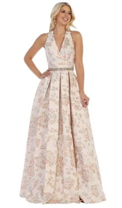 May Queen - RQ7731 Floral Detailed Halter V-neck A-line Dress Formal Gowns