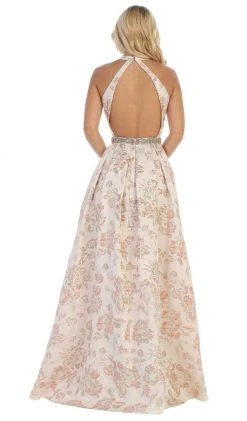 May Queen - RQ7731 Floral Detailed Halter V-neck A-line Dress Formal Gowns