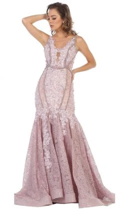 May Queen - RQ7735 Floral Lace Deep V-neck Mermaid Dress Formal Gowns