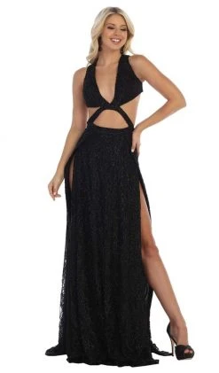 Formal Gowns May Queen - RQ7736 Glitter Lace Double High Slit Gown