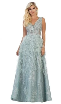 May Queen - RQ7741 Applique Scalloped V-neck A-line Dress Formal Gowns